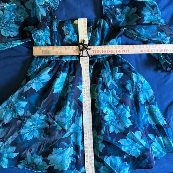 Thirty Thirty Blue Floral Babydoll Sheer Dress 3/4 Sleeve M - Picture 7 of 7